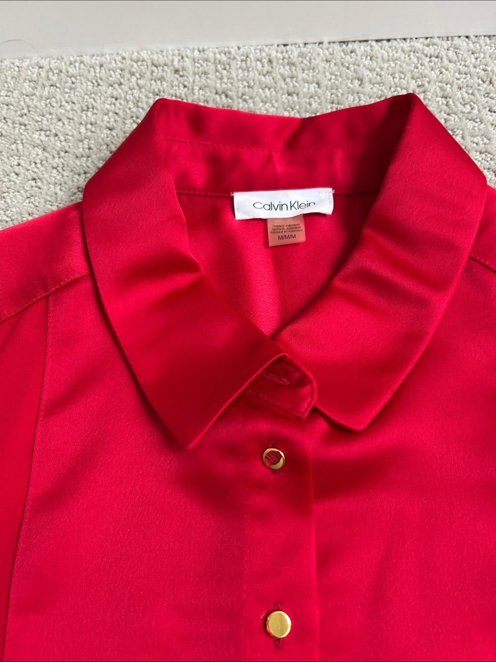 Calvin Klein Bright Red Satin Button-Front Collared Top